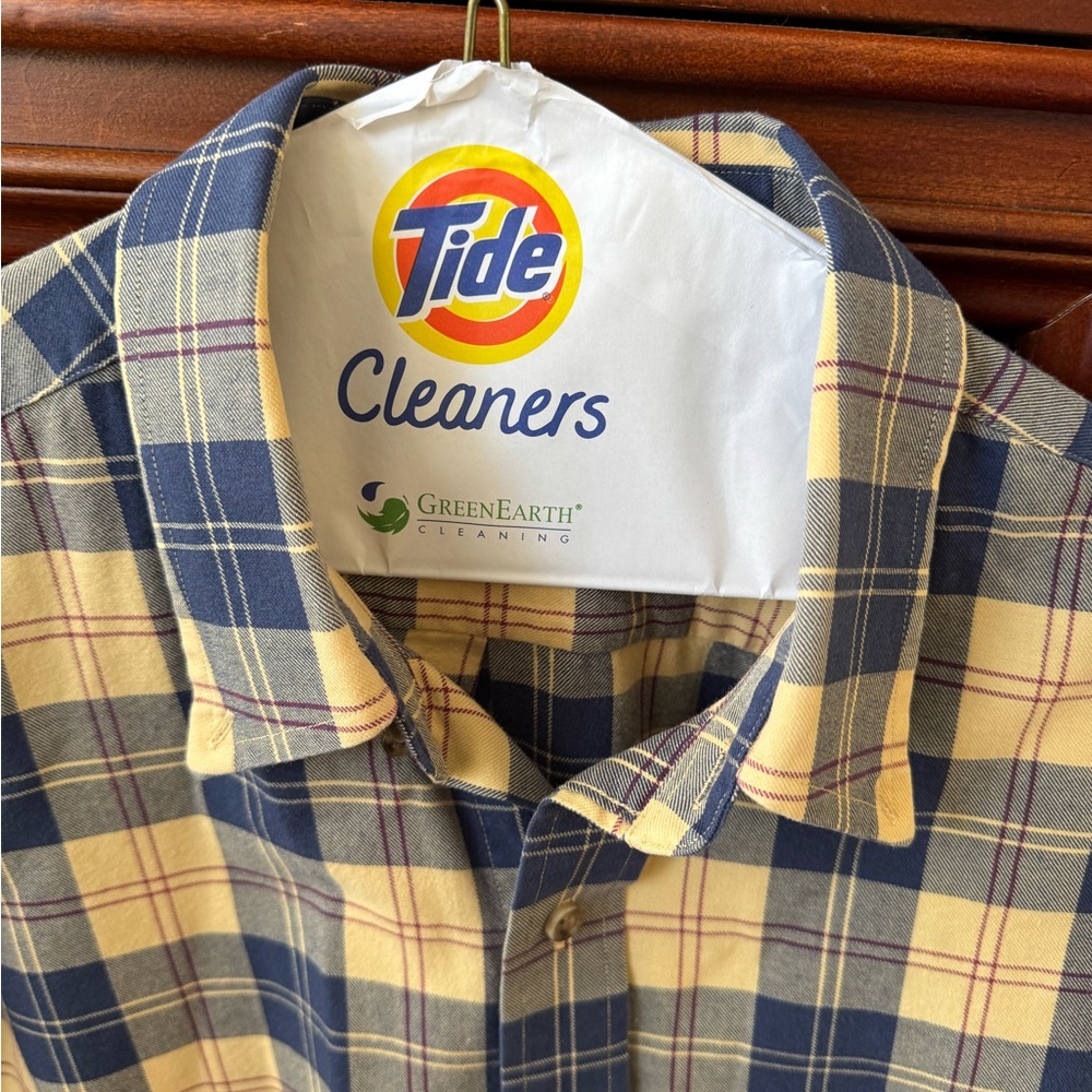 Orvis 80/20 cotton/light wool, navy & tan plaid, hidden button-down shirt.